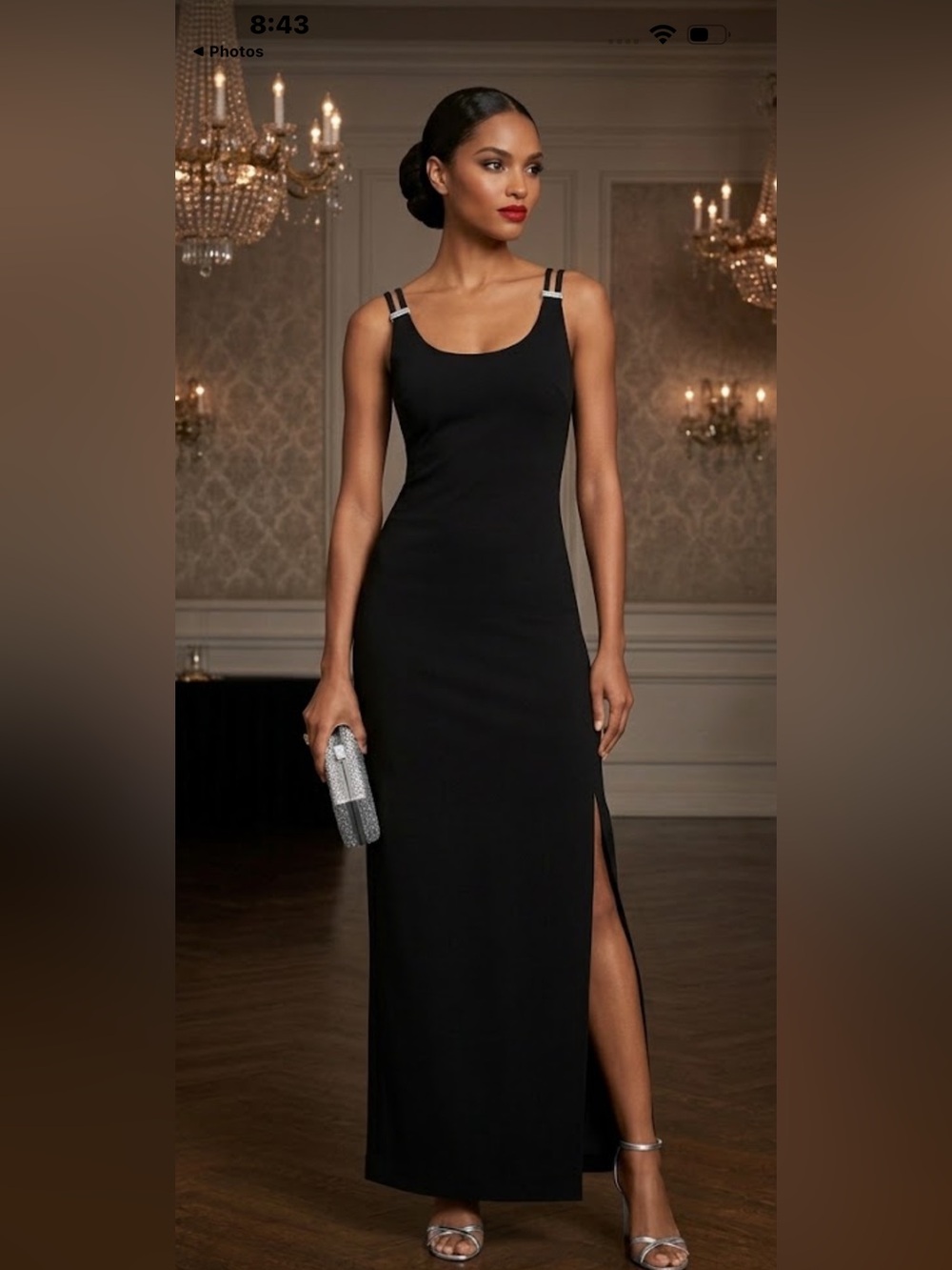MICHAEL KORS Black Matte Jersey Double Strap Column Maxi Dress Silver Accent